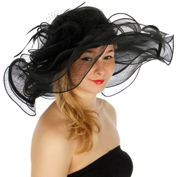 Flower feather sinamay dress hat Black